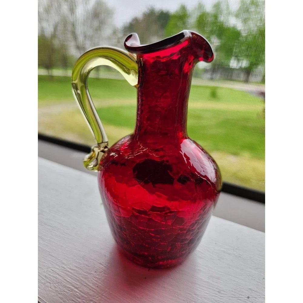 Vtg Pilgrim Handmade Crackle Ruby Red‎ Glass Gold Handled Pitcher Vase Sticker